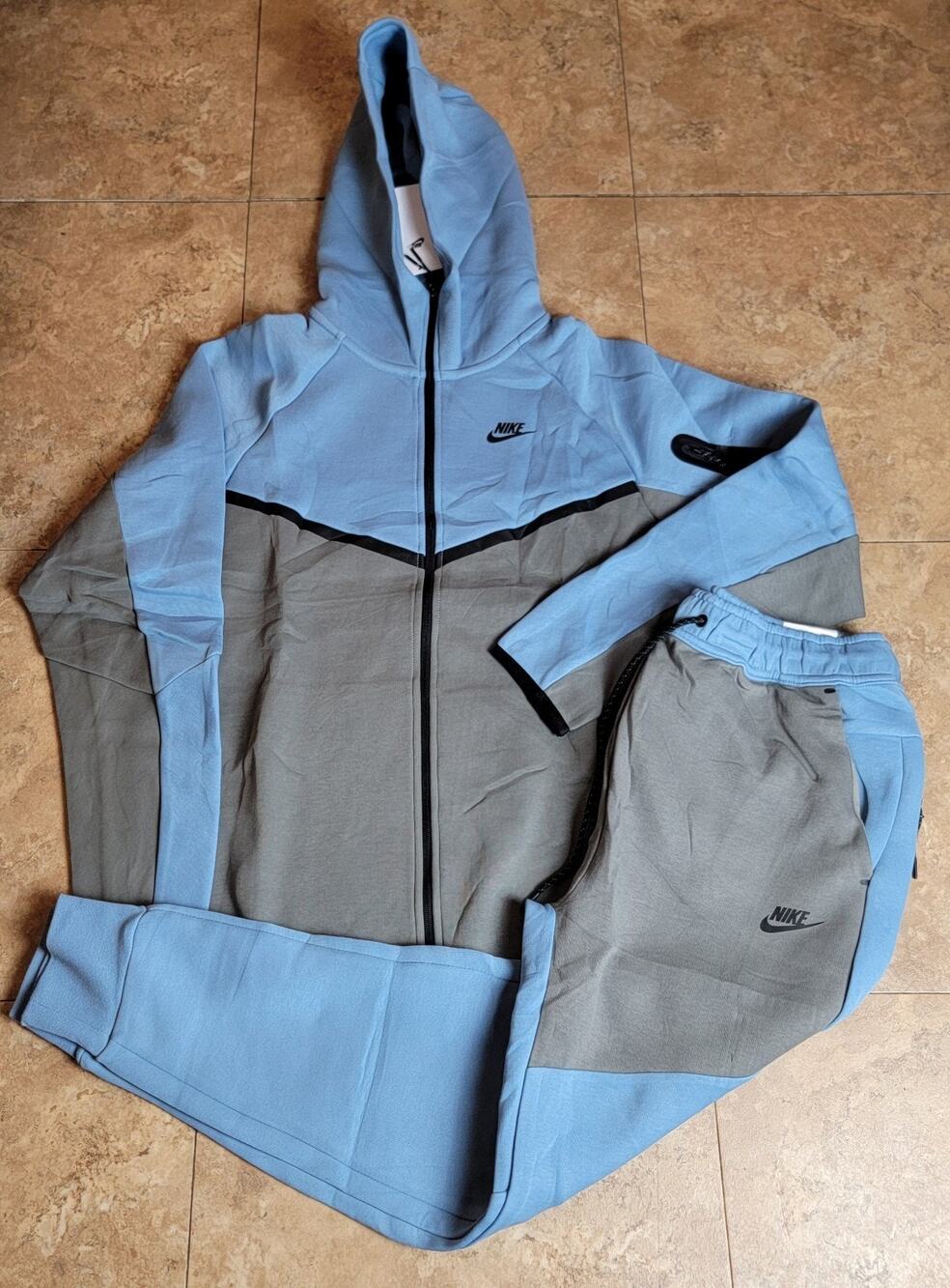 Men Sz L Hoodie Sweatsuit Blue Gray Slim Fit Logo Colorblock Streetwear Outfit